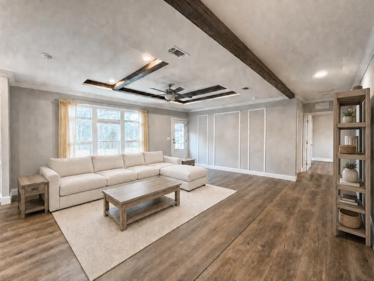 Very large living room with beamed ceiling open to the kitchen. All rooms have been virtually staged.