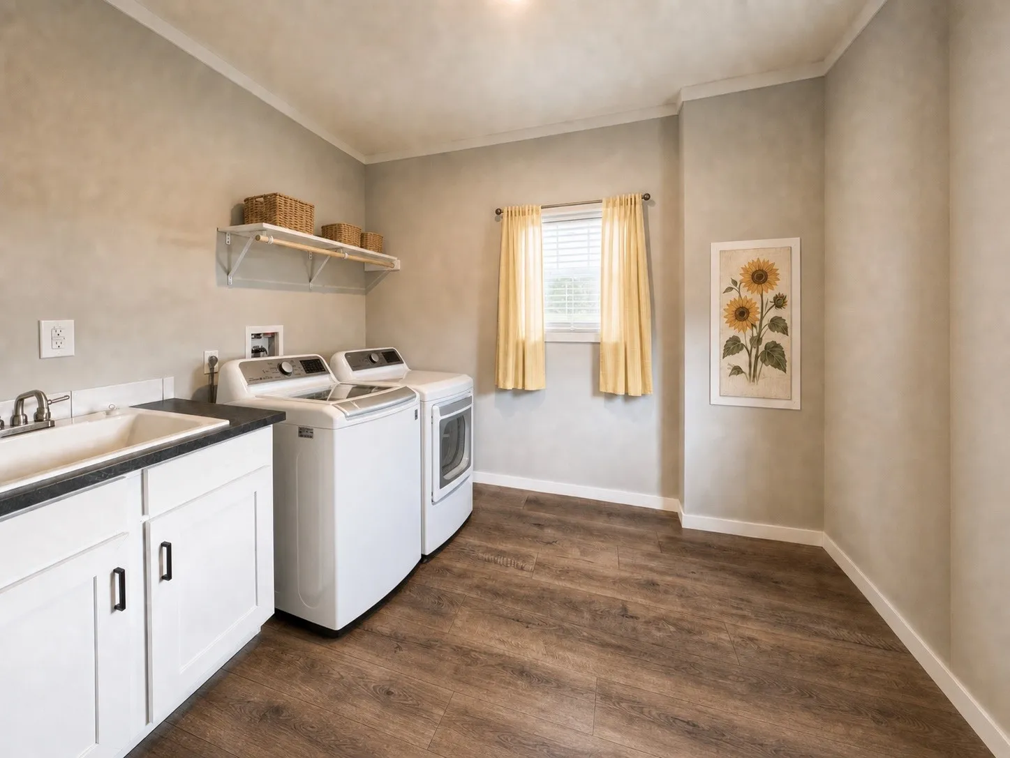 Includes SEPARATE ENTRANCE for unloading groceries/supplies from the garage! Large laundry room with a generous sink, ample cabinetry - connected to pantry. (Virtually staged)