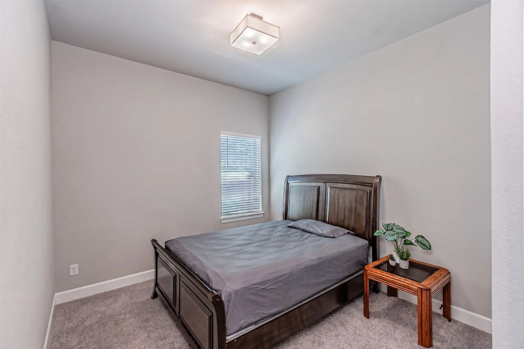 Recessed window with blinds, light gray wall finish, white ceiling, ceiling-mounted light fixture, gray carpet flooring