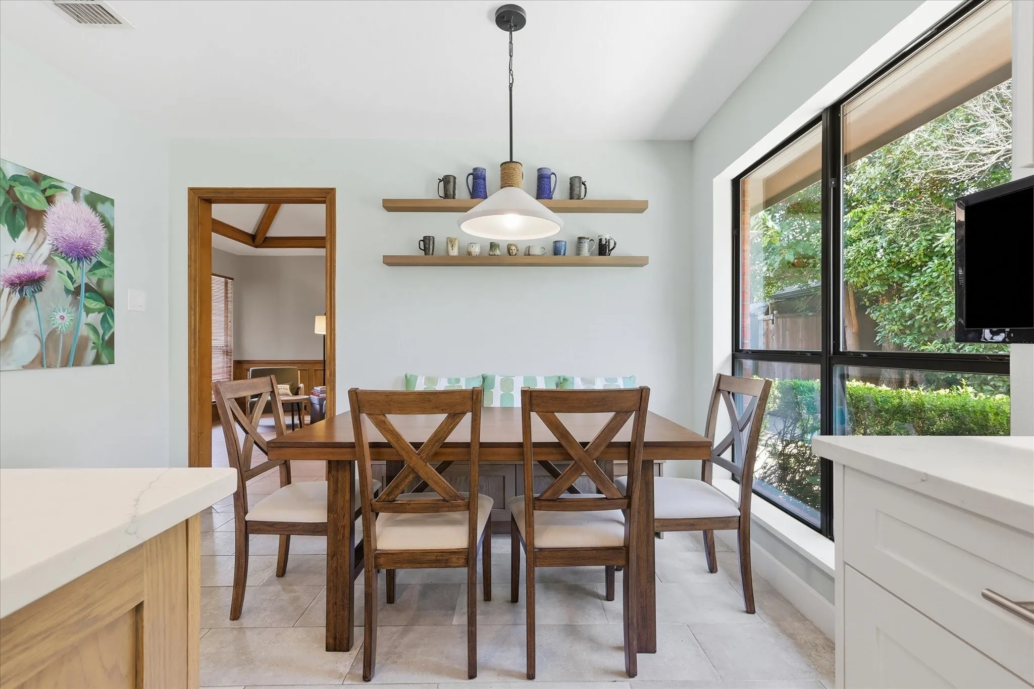 Breakfast area with bench seating.  The bench also offers storage.