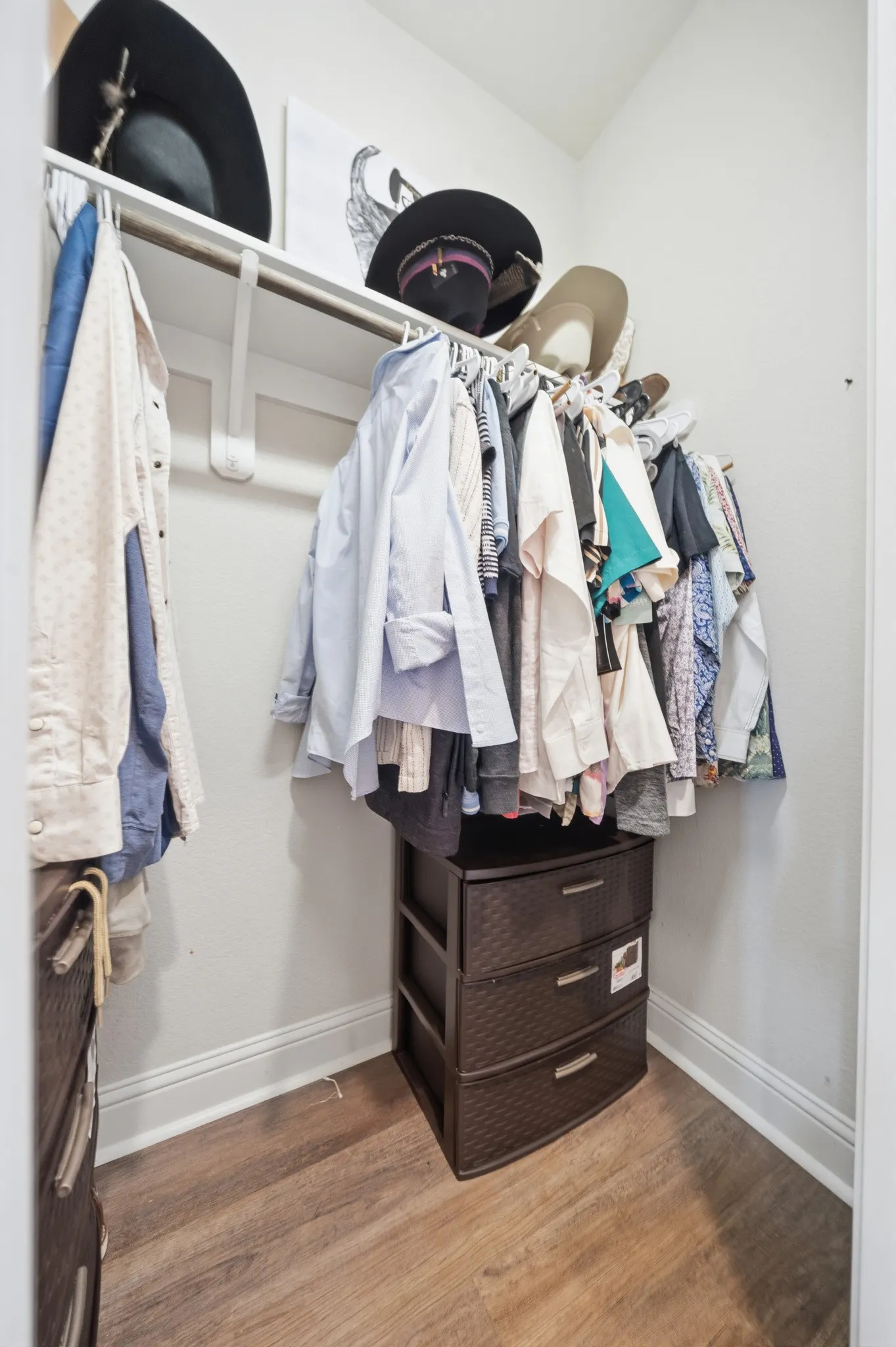 Compact closet space featuring a single hanging rod, upper shelving, and wood-finish flooring