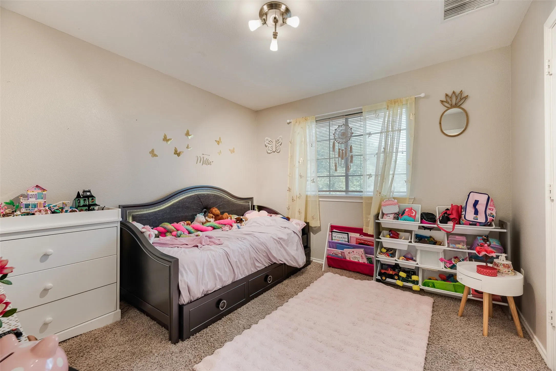 Neutral wall tones with textured carpet flooring