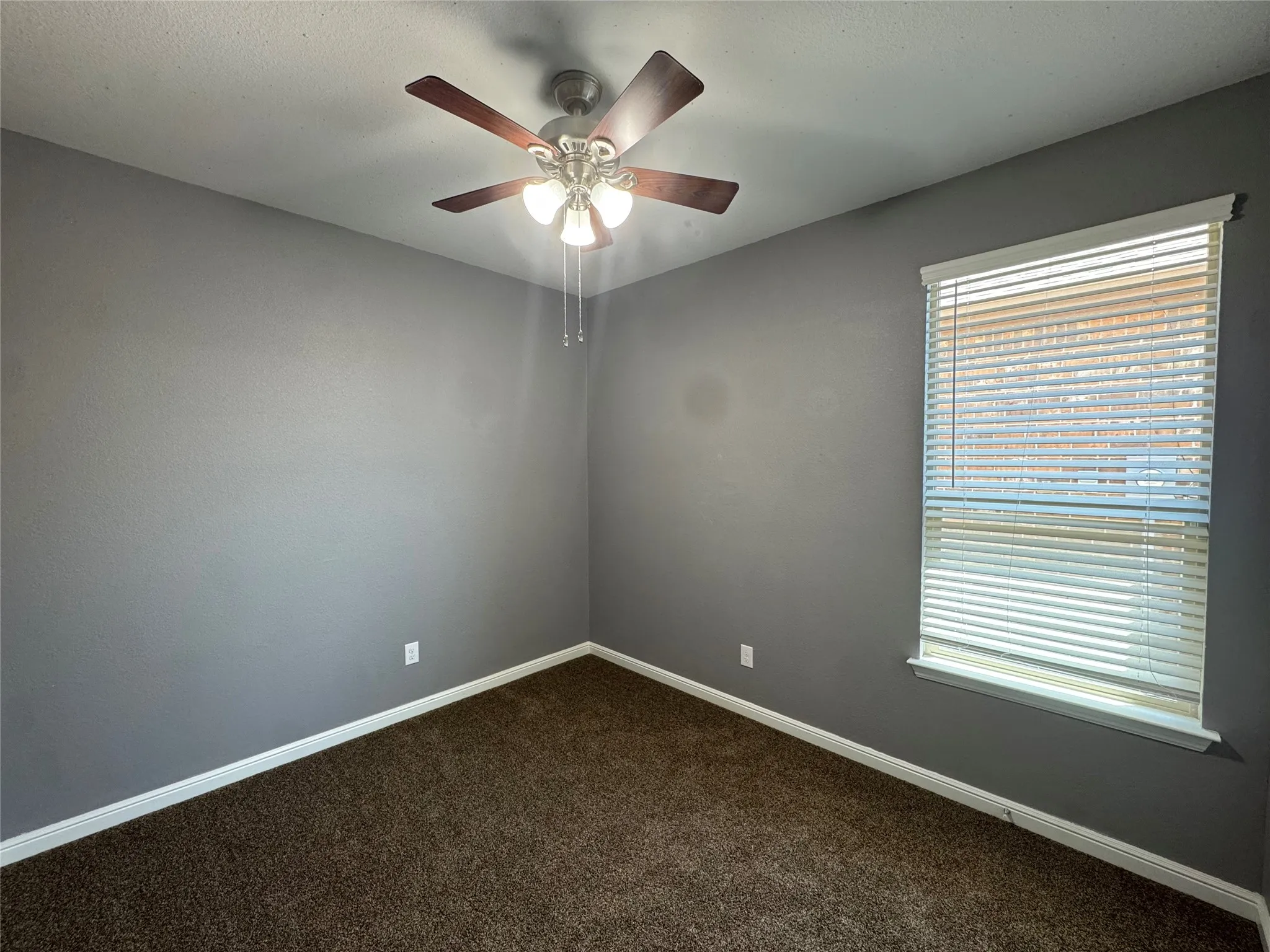 Neutral gray wall paint, brown carpet flooring, ceiling fan with integrated lighting, and a window with horizontal blinds