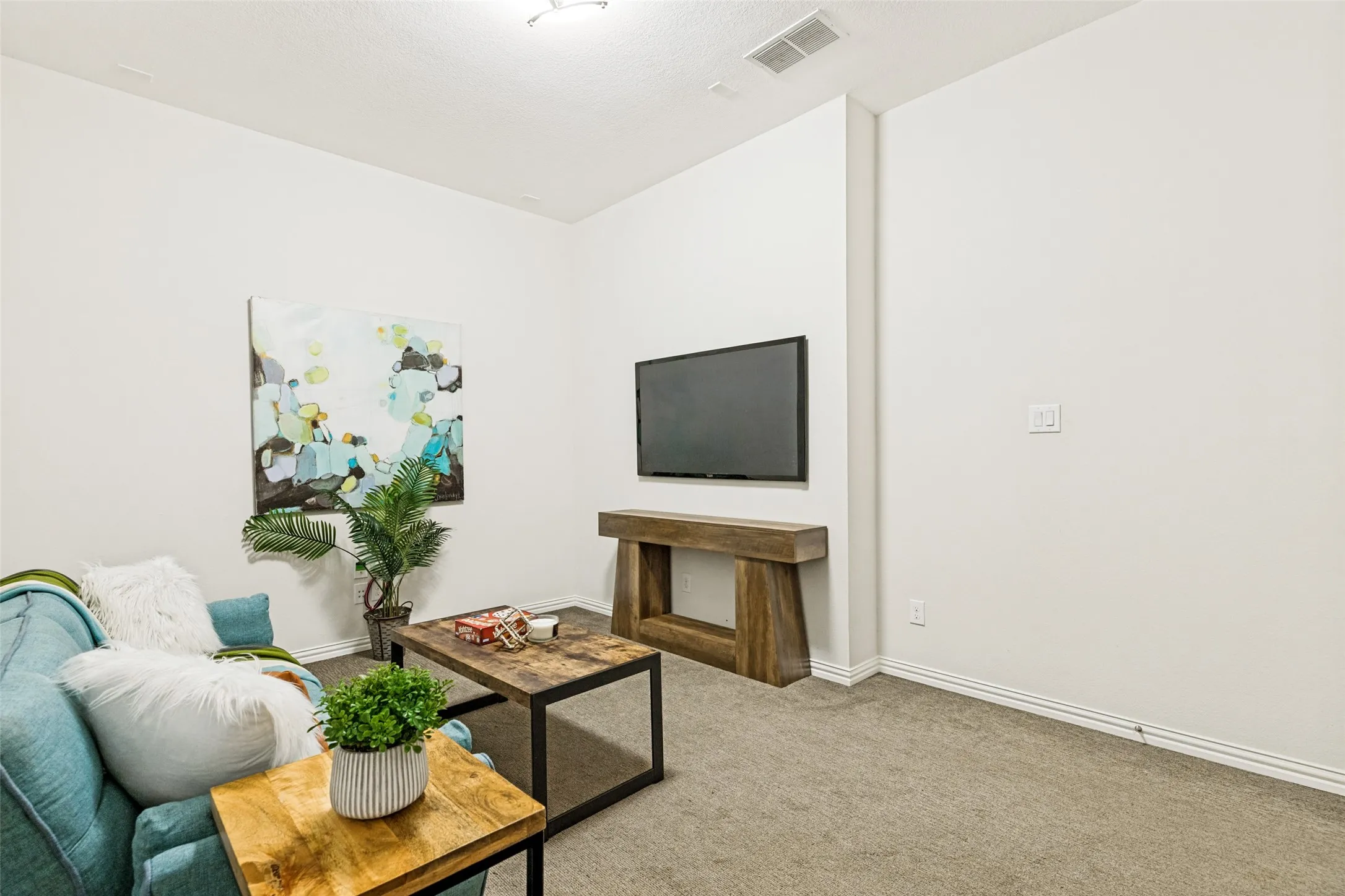 Light gray carpeted flooring, white baseboards, and a wall-mounted display create a neutral interior space