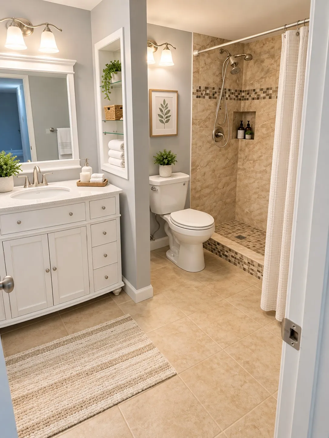 White vanity with an integrated sink and brushed nickel faucet