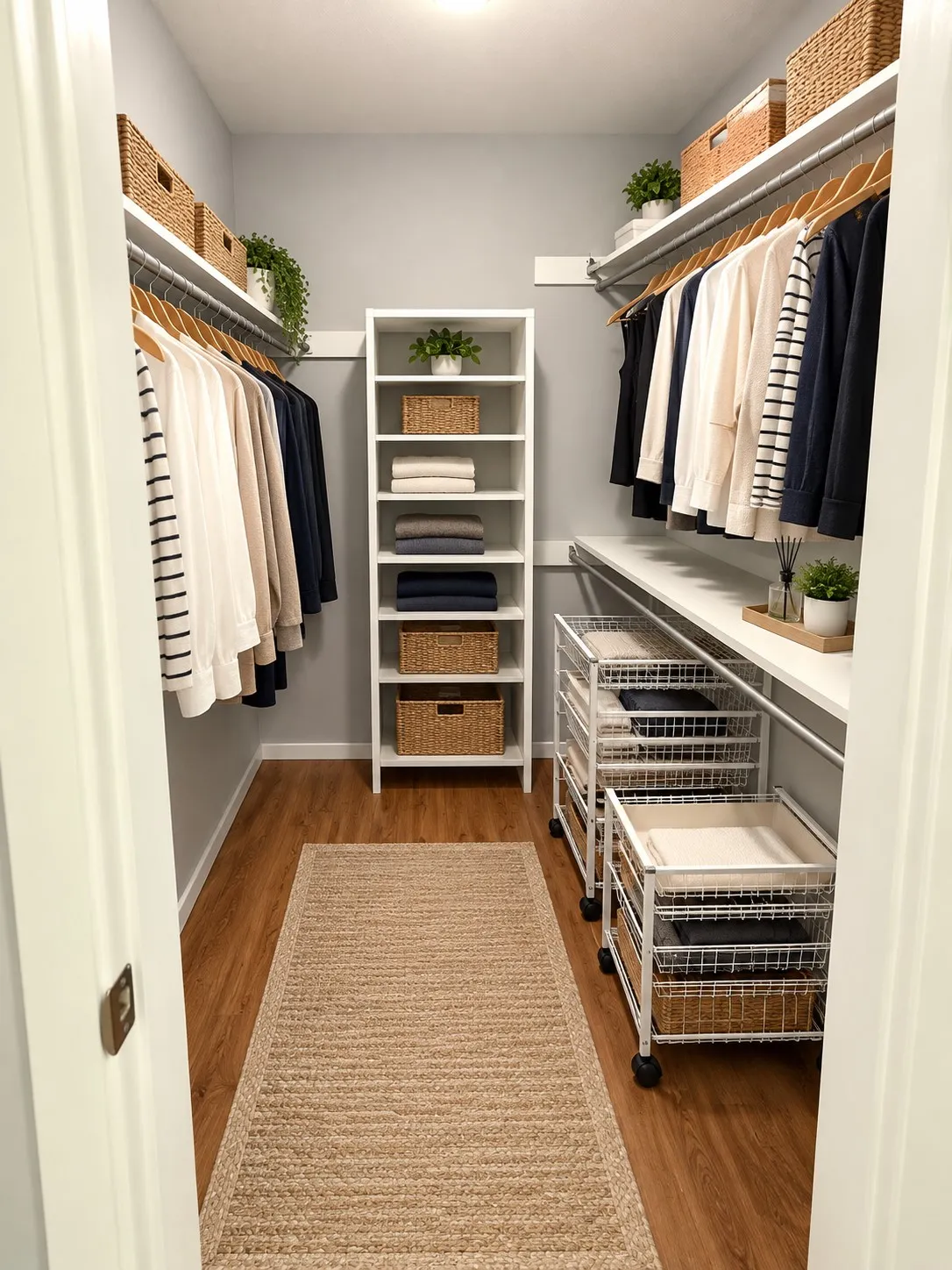 Walk-in closet featuring wood-finish flooring, recessed lighting, white shelving units, and built-in clothes hanging rods