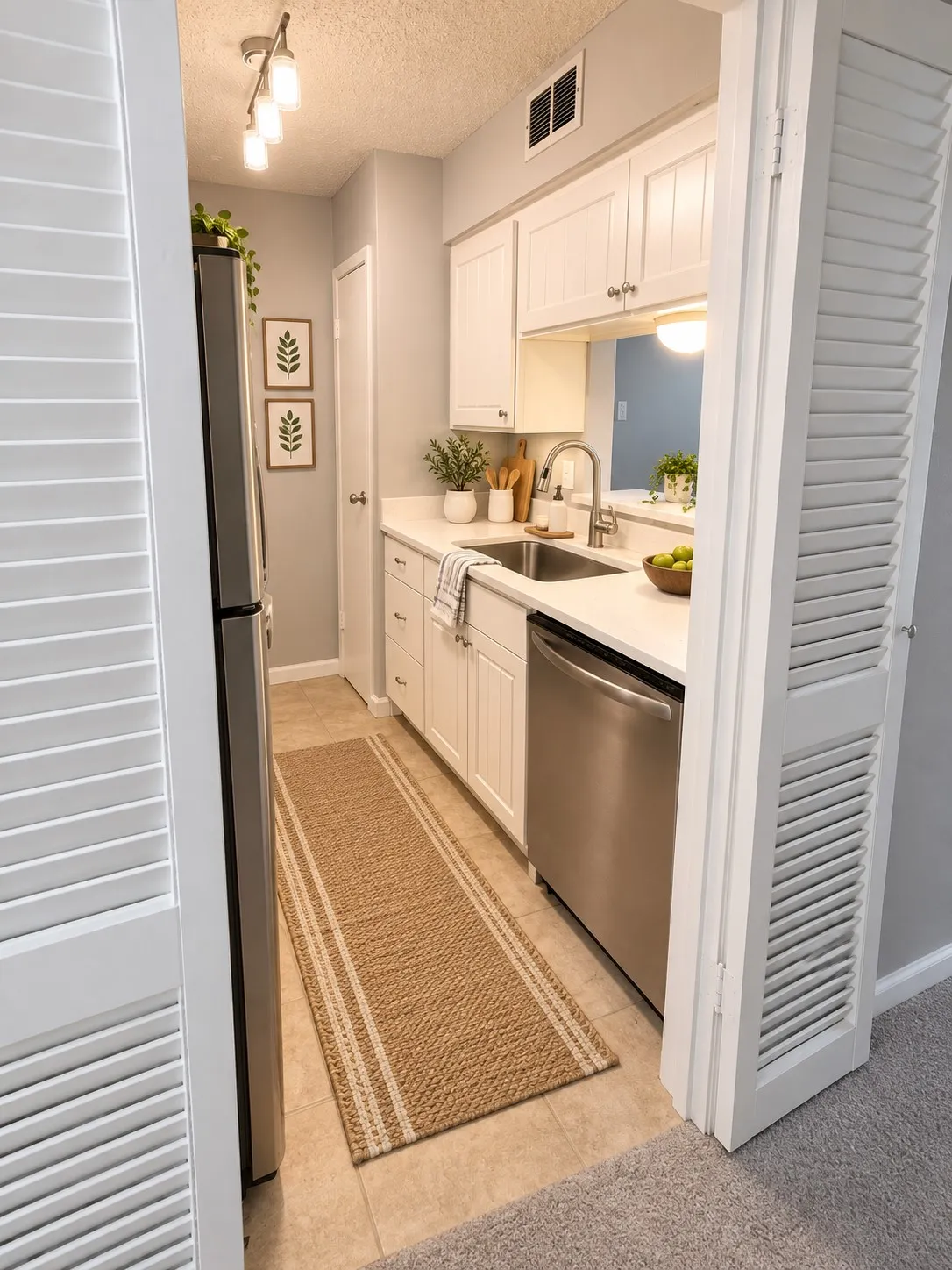 Compact kitchen featuring white cabinetry, stainless steel appliances, light-colored countertops, a stainless steel sink, and tile flooring