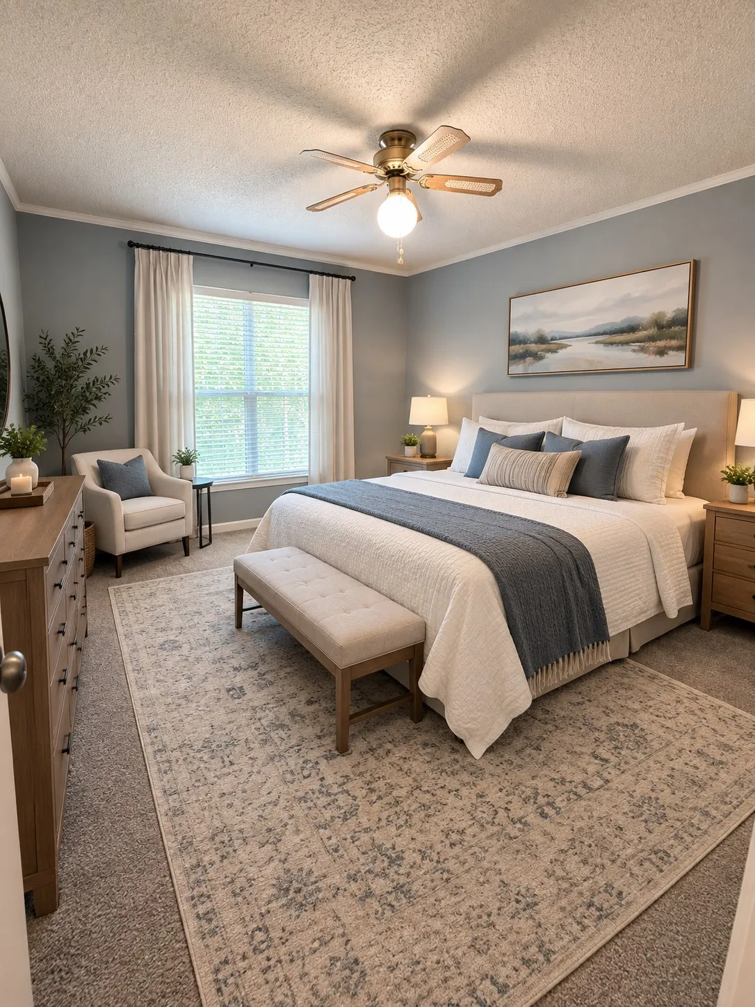 Recessed lighting, ceiling fan with integrated lighting, window with blinds, carpet flooring, and crown molding