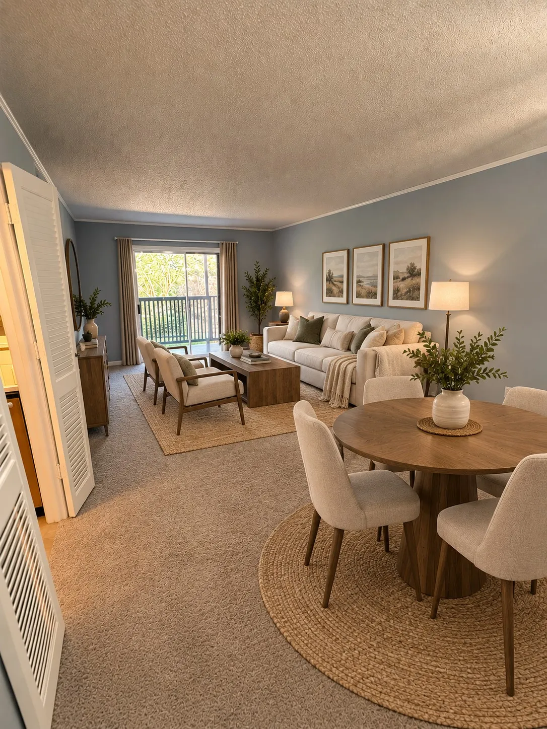 Open-concept living area with carpeting throughout