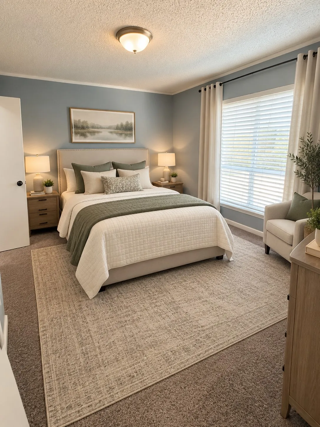 Wall-to-wall carpeting with an area rug, window with blinds and drapes, flush mount ceiling light, and crown molding