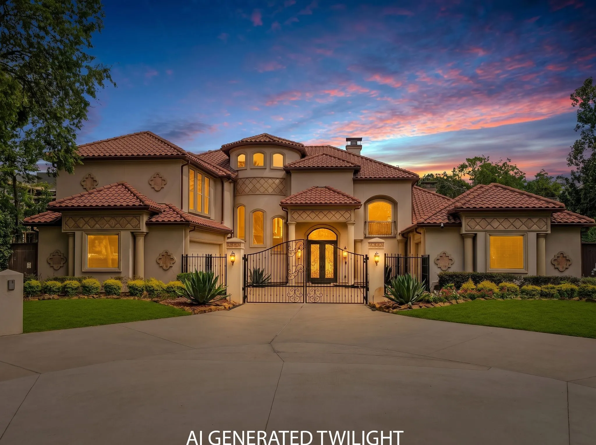 Mediterranean-style exterior featuring a terracotta tile roof, stucco facade, decorative iron entry gates, a paved circular driveway, and manicured landscaping