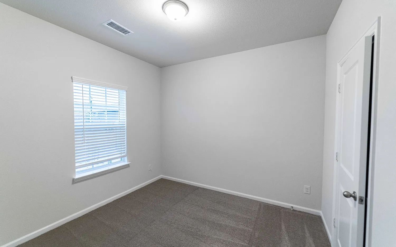 Neutral-toned room featuring light gray walls, plush gray carpeting, and a white window with horizontal blinds