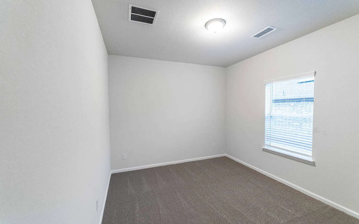 Neutral white walls and light gray carpet create a versatile canvas