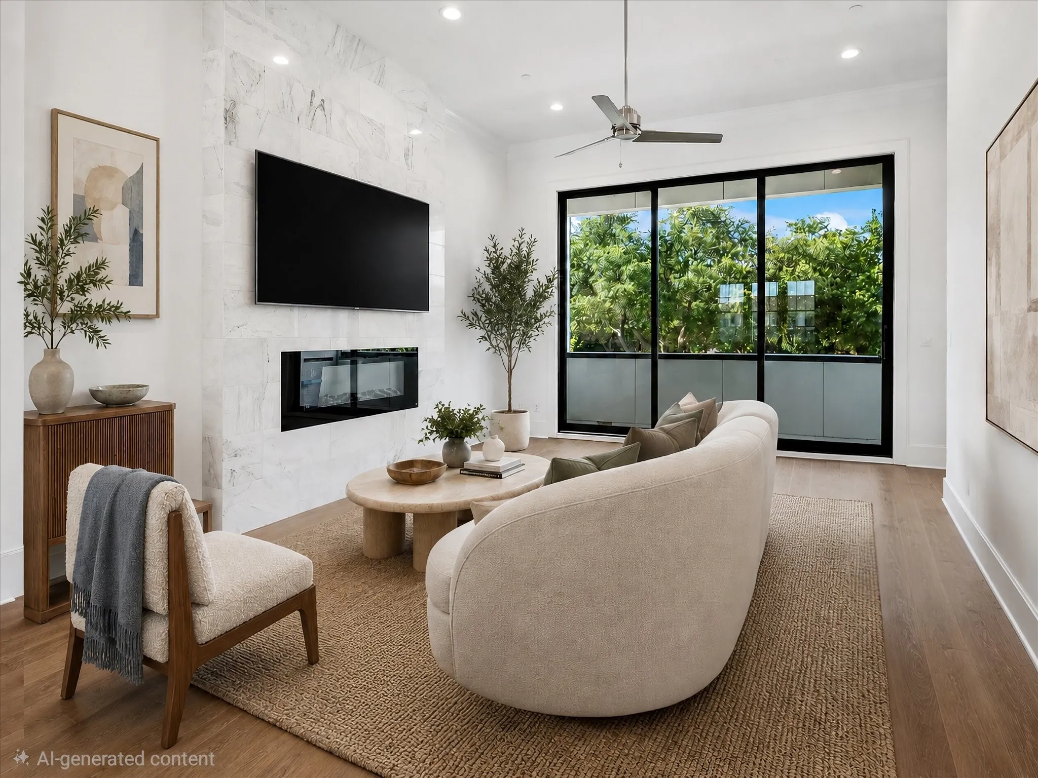 Spacious living area featuring a full-height stone-clad fireplace with an integrated linear firebox