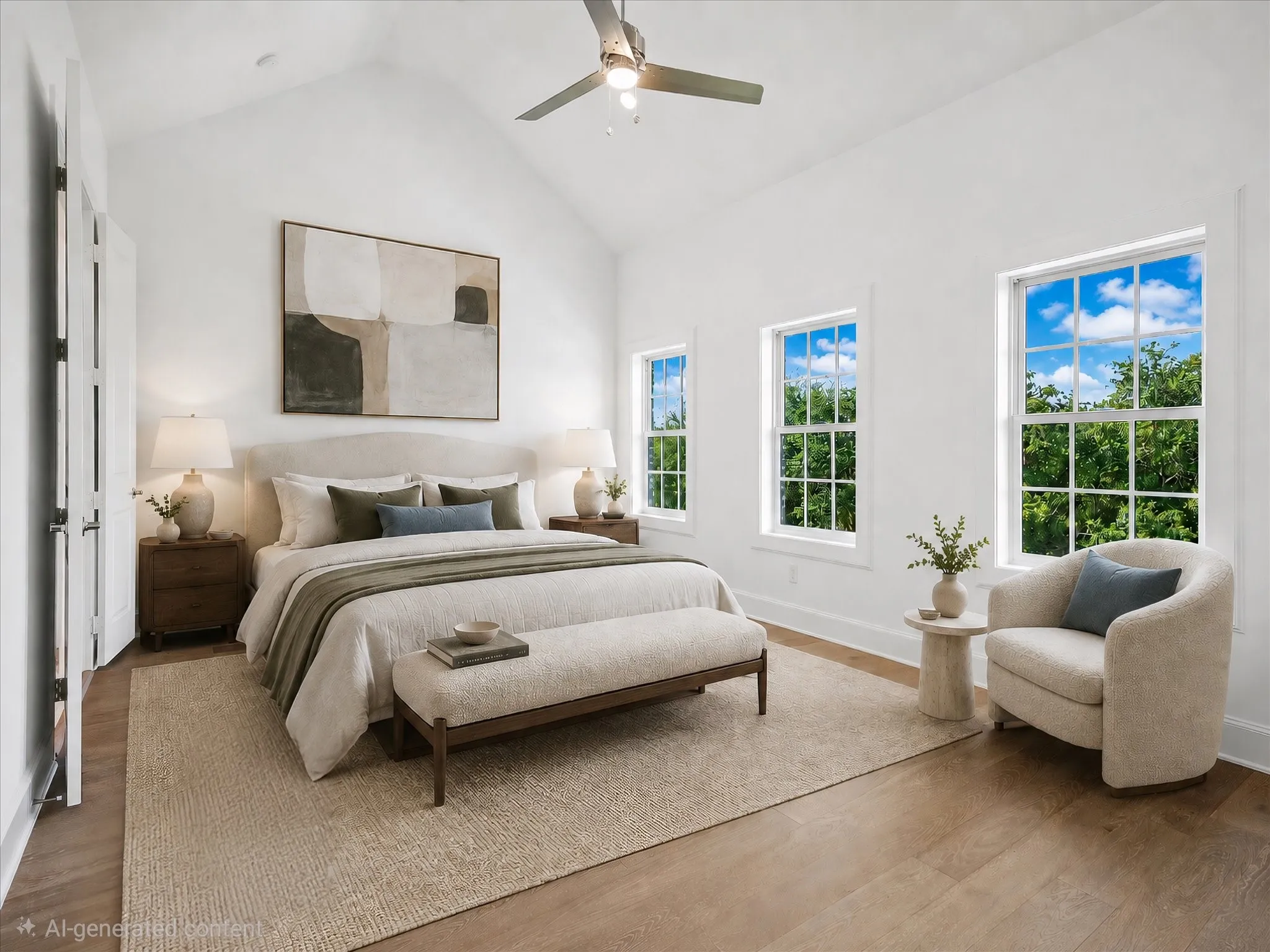 Vaulted ceiling bedroom featuring wood-finish flooring and three double-hung windows