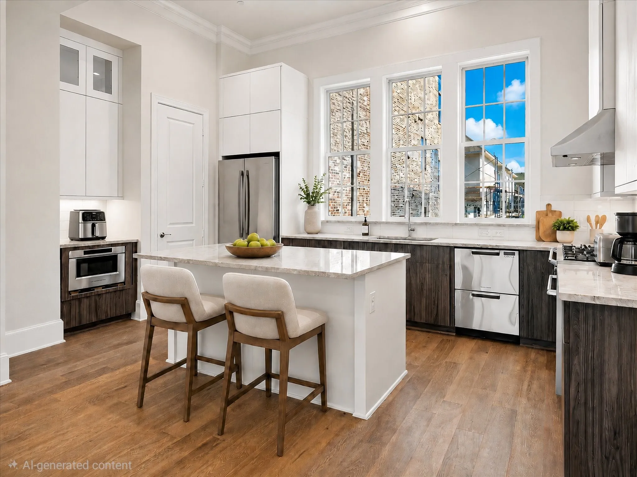 Modern kitchen featuring wood-finish flooring, a central island with a light-toned countertop, stainless steel appliances, and white upper cabinetry with dark wood-finish lower cabinetry