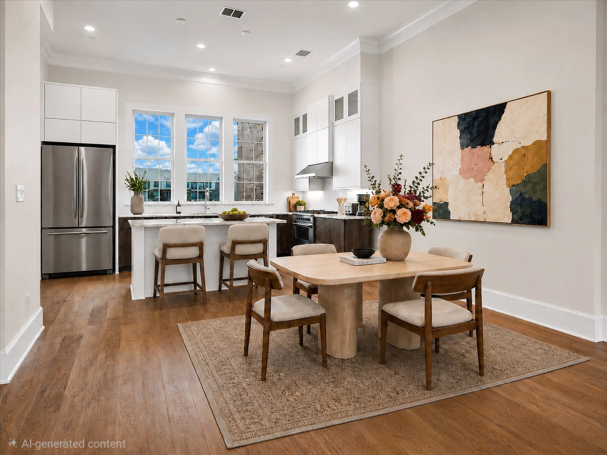Open-concept kitchen and dining area featuring wood-finish flooring, recessed lighting, and crown molding