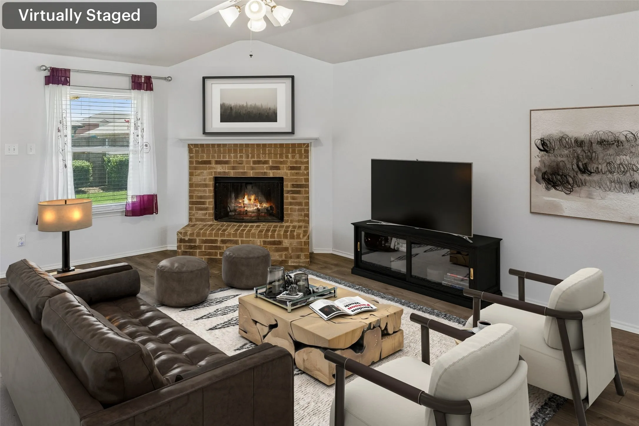 The spacious family room is centered around a charming brick fireplace and opens to the backyard, creating the perfect space for relaxing or entertaining. (Virtually staged.)