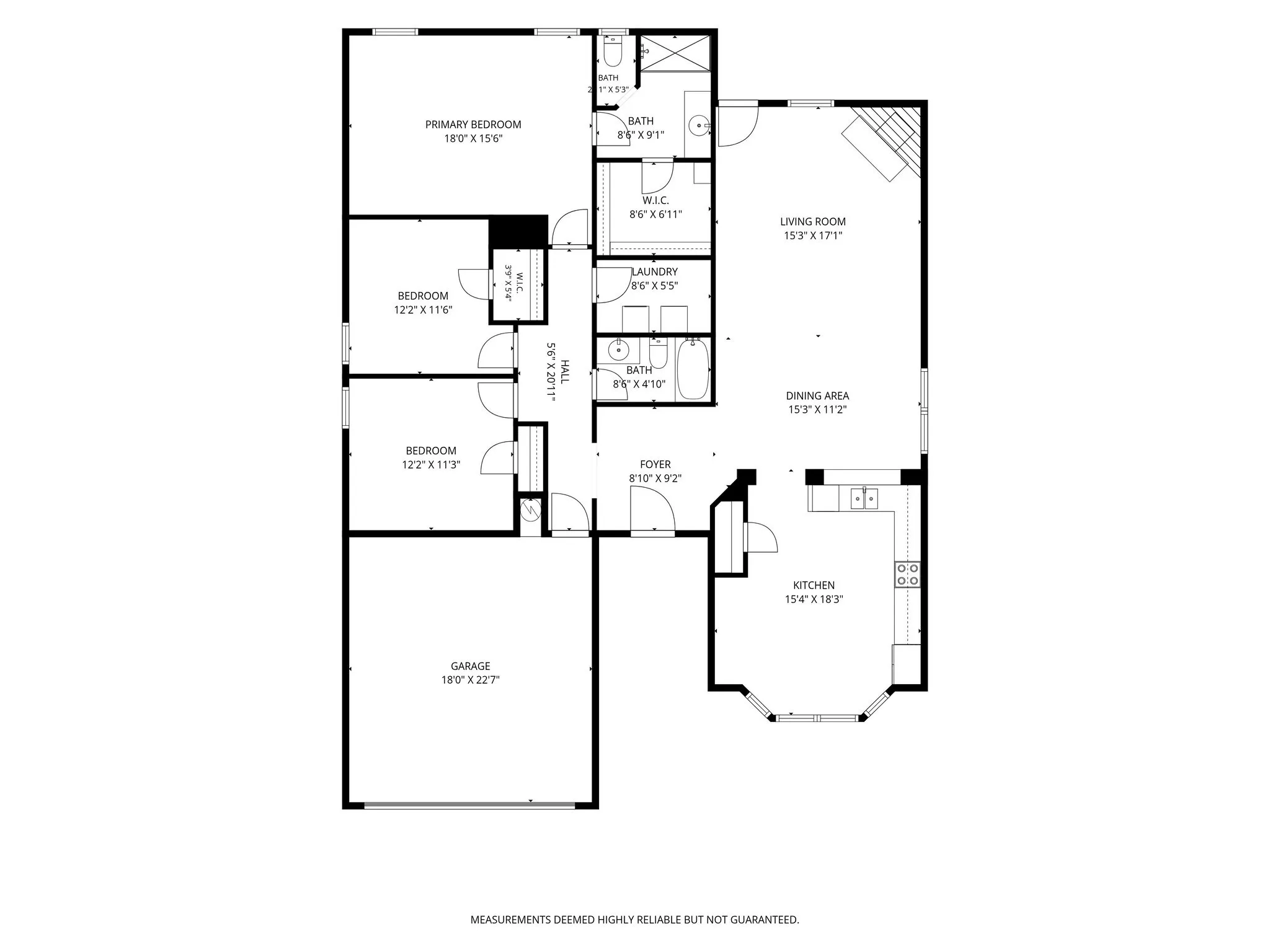 This thoughtfully designed single-story floor plan features a split-bedroom layout that provides separation between the primary suite and the secondary bedrooms. The spacious primary suite is located at the rear of the home and includes an en-suite bathroom and walk-in closet. Two secondary bedrooms and a full bathroom are positioned on the opposite side of the home. The open-concept living, dining, and kitchen areas create a seamless flow throughout the main living spaces, while the breakfast nook overlooks the backyard. A dedicated laundry room and attached two-car garage complete this functional layout. (Floor plan is for illustrative purposes only. Measurements and dimensions are approximate and should be independently verified.)