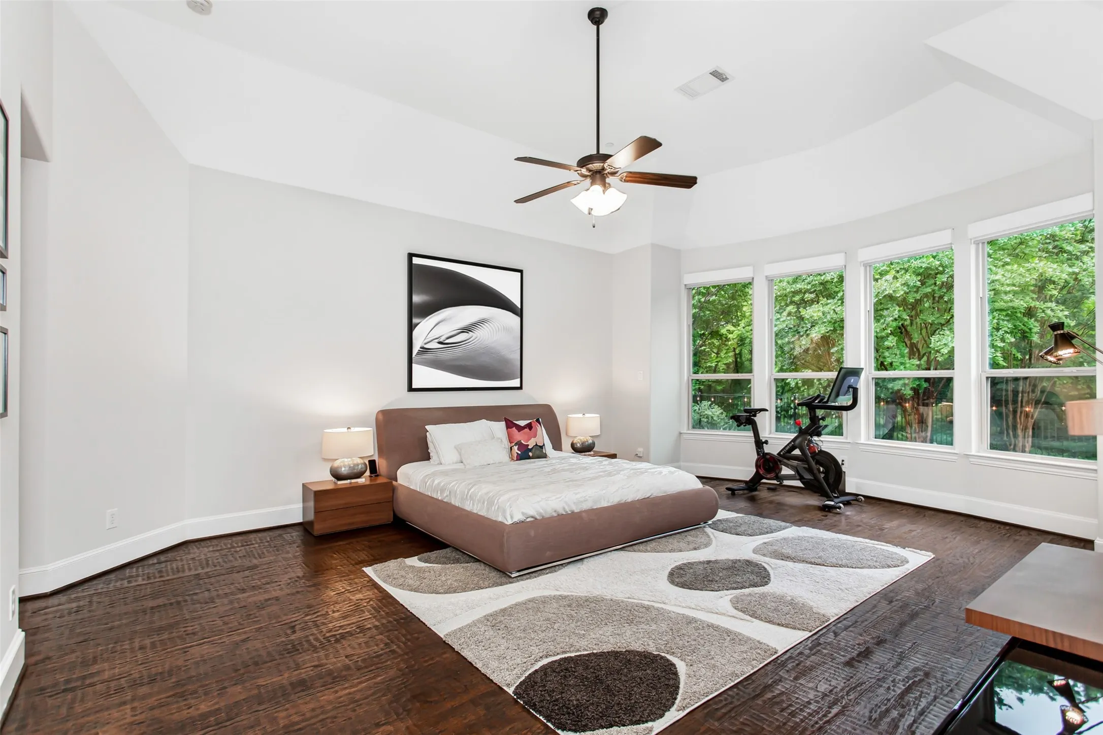 Bright room featuring a vaulted ceiling and dark wood-finish flooring