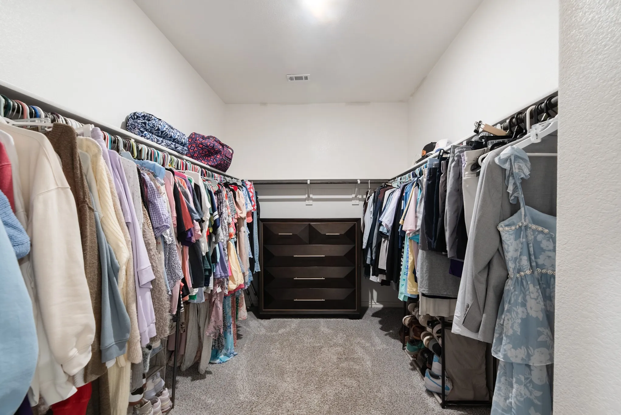 Spacious walk-in closet featuring plush gray carpeting and white walls