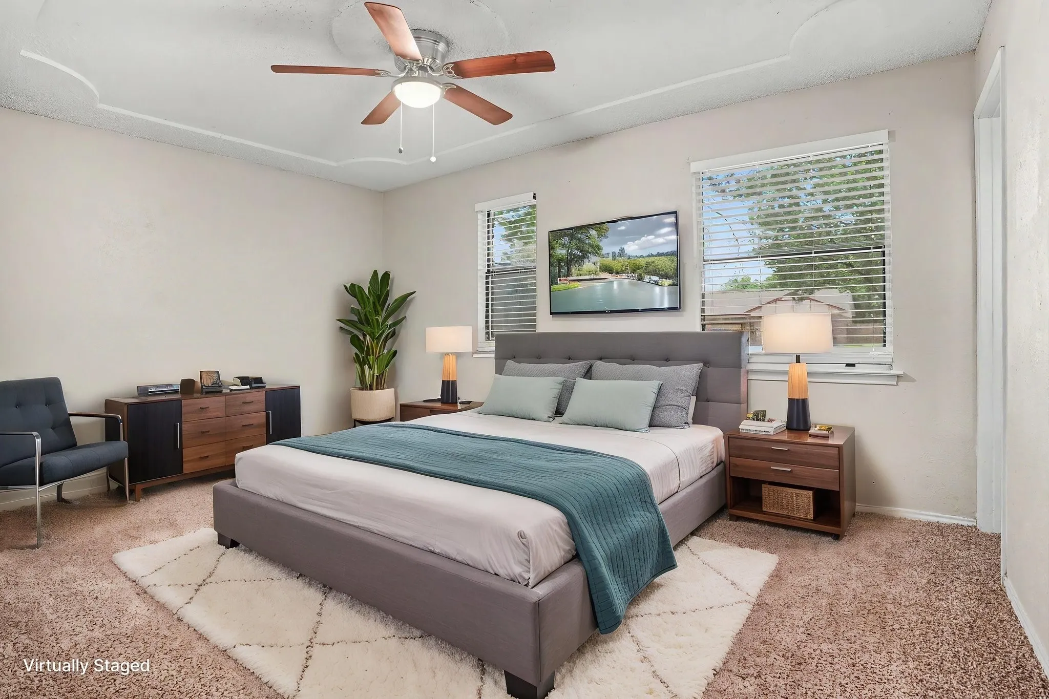 Virtually staged primary bedroom.