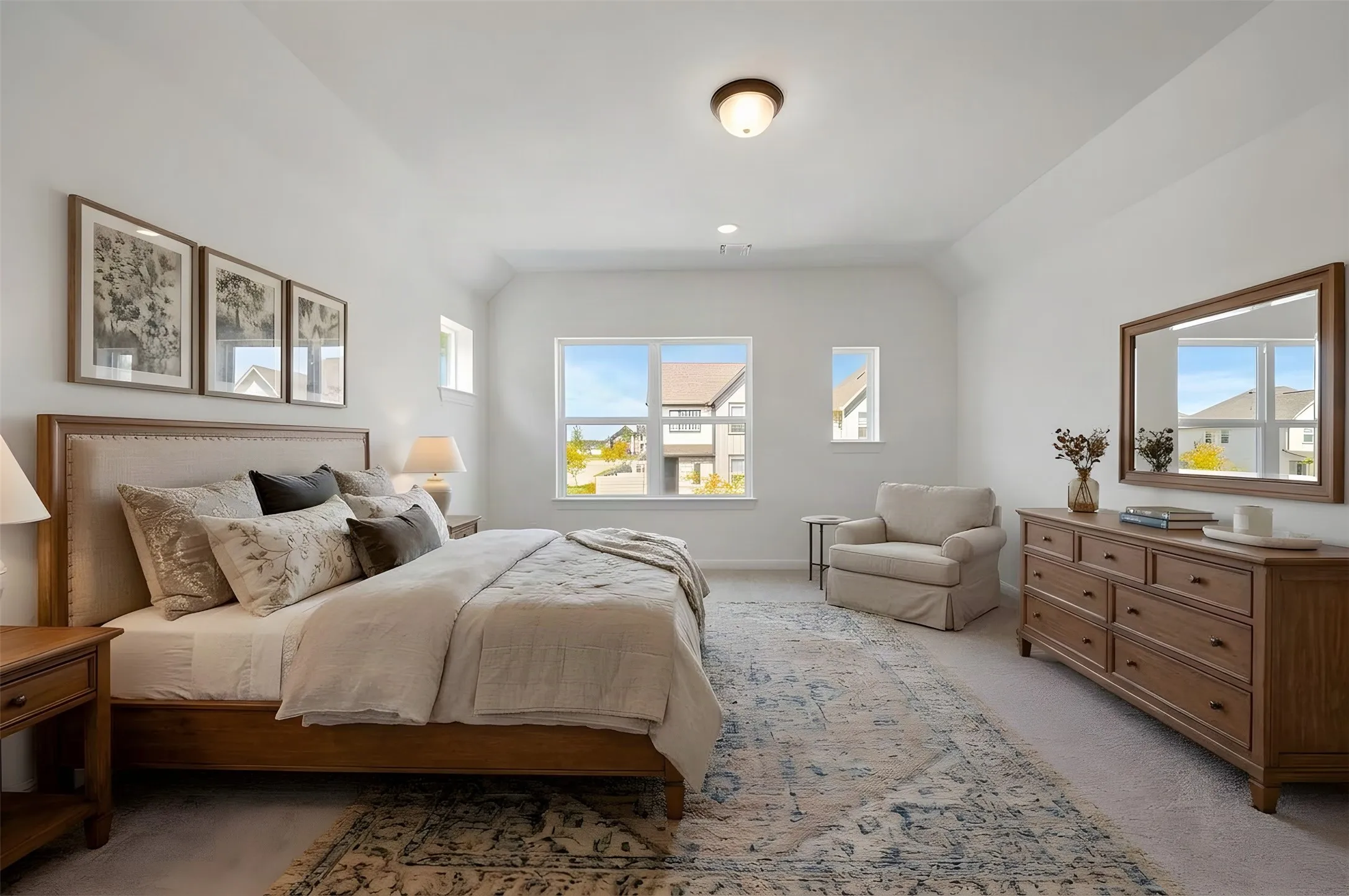 Tray ceiling, recessed lighting, double windows, single window, flush mount ceiling fixture