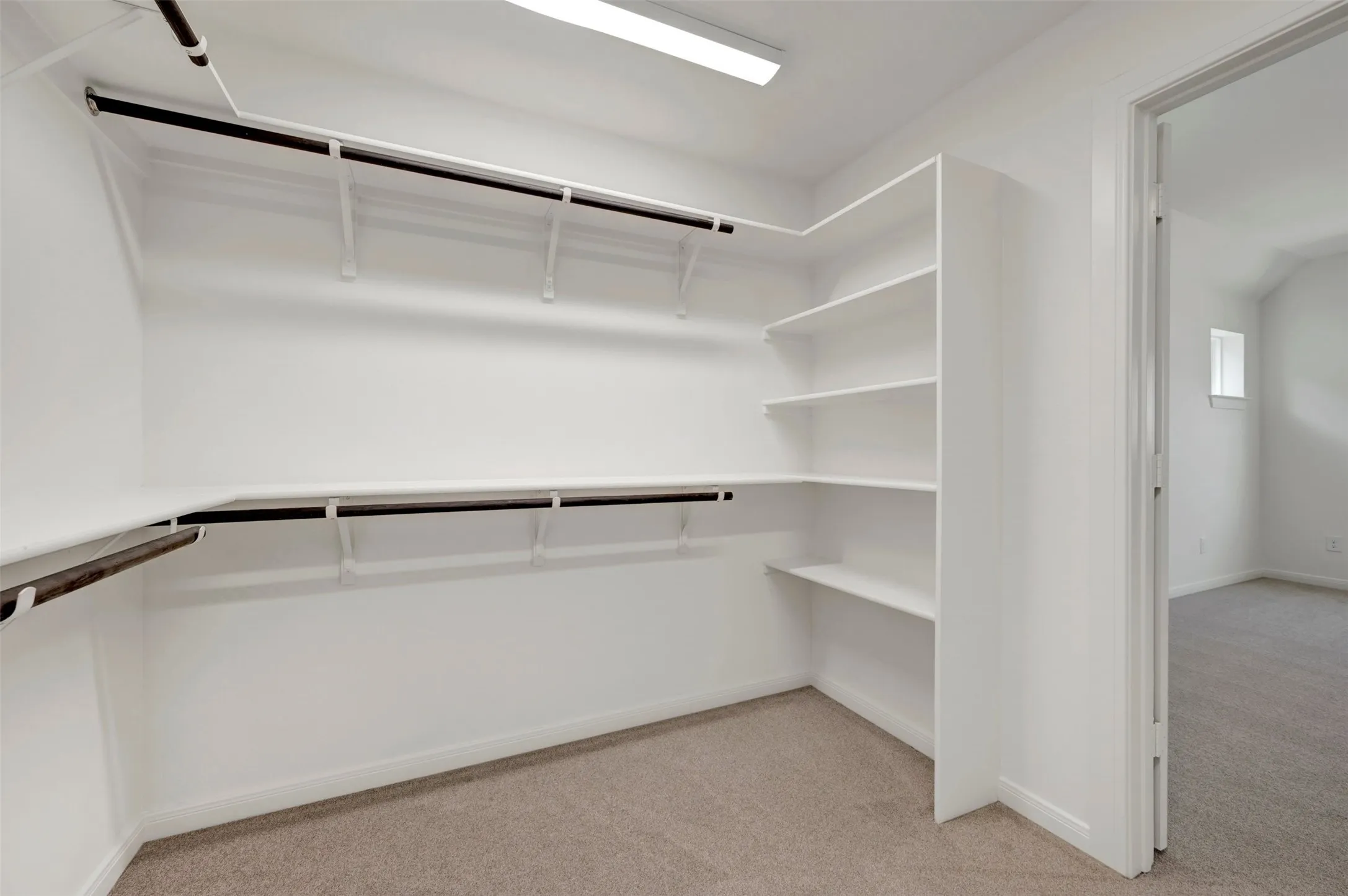 Walk-in closet featuring built-in shelving, multiple hanging rods, and neutral-toned carpeting