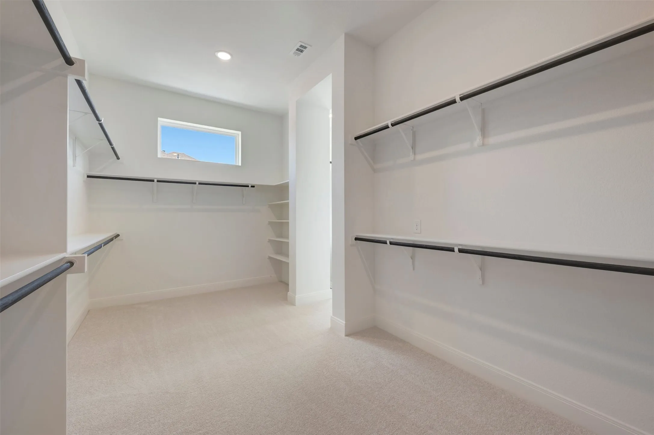Spacious walk-in closet featuring white walls, light carpeting, built-in shelving, hanging rods, and a high-set window