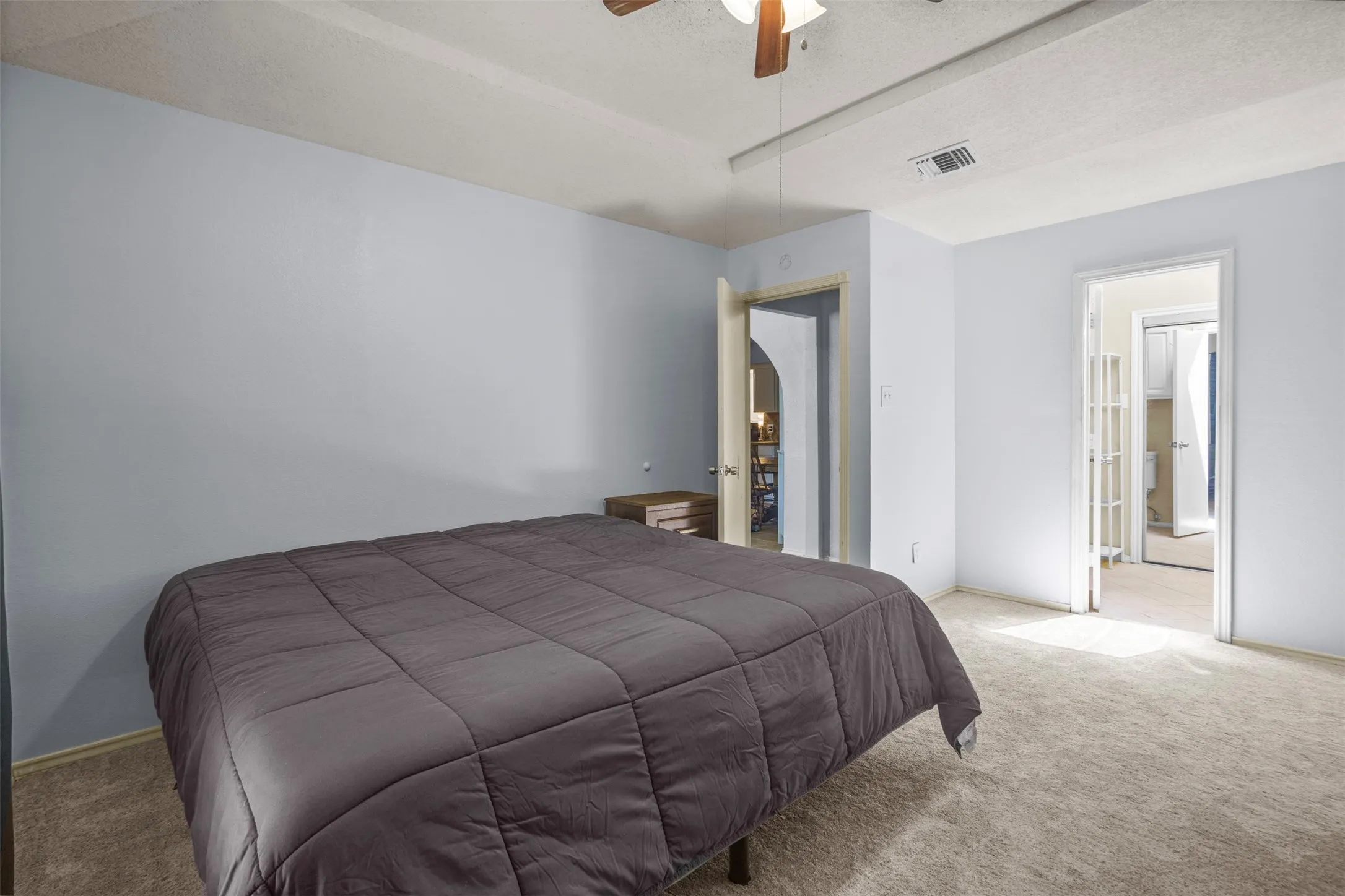 Carpeted room with light blue walls and a ceiling fan
