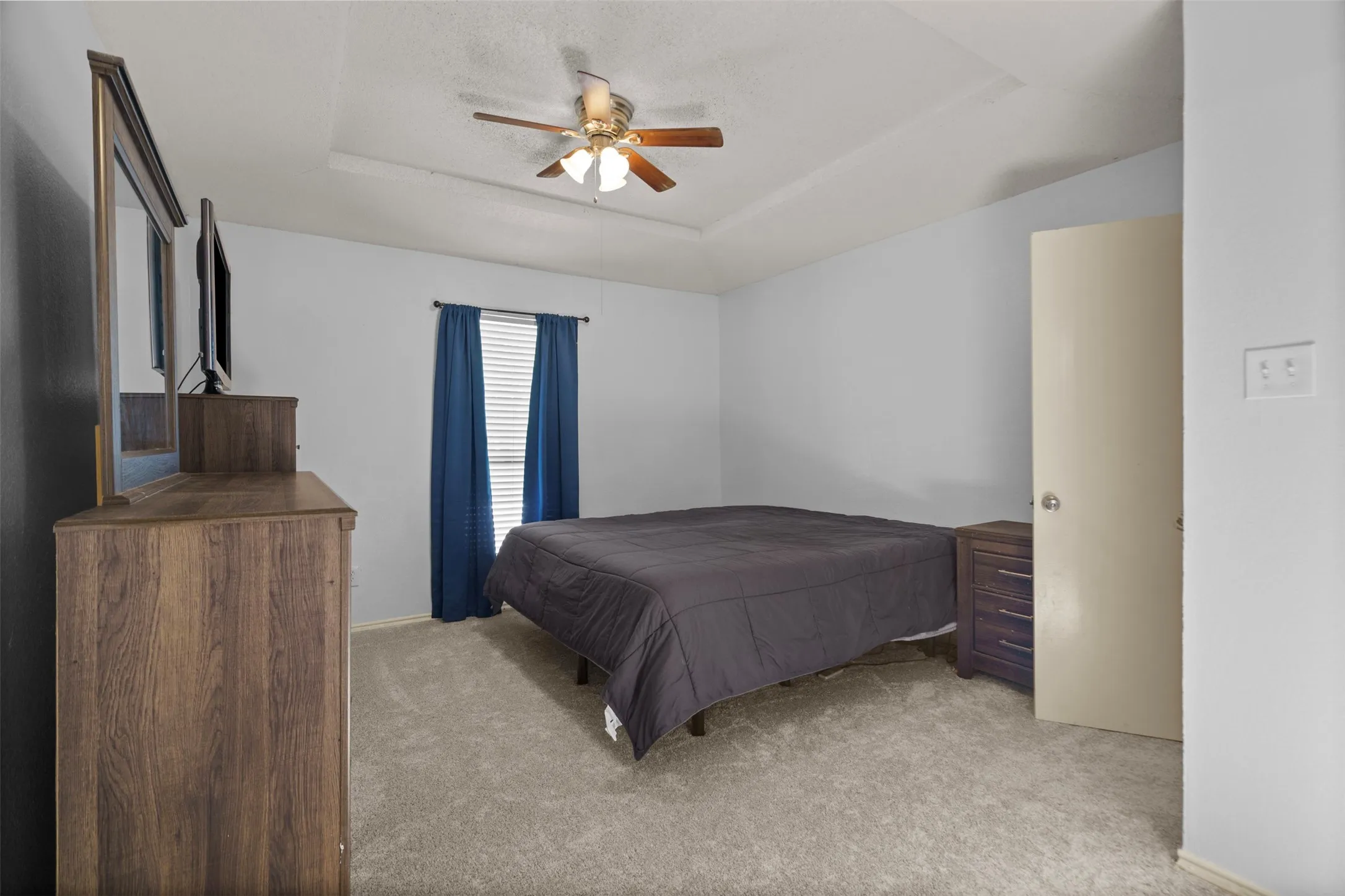 Carpeted bedroom featuring a tray ceiling, ceiling fan with light, window with blinds, and light-colored walls