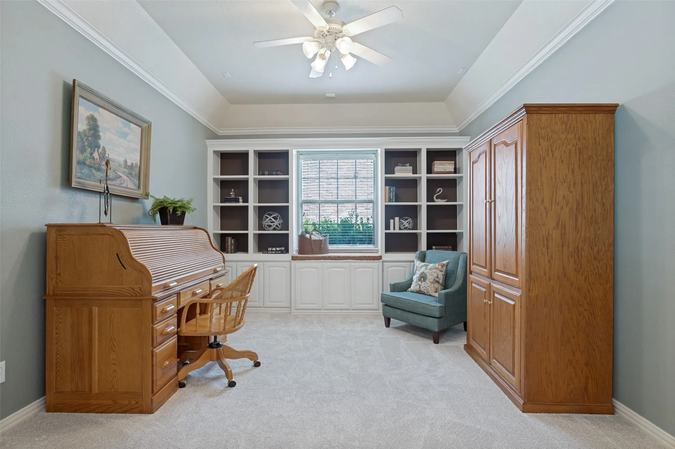 Home office downstairs has an entrance to the downstairs hall bath as well.
