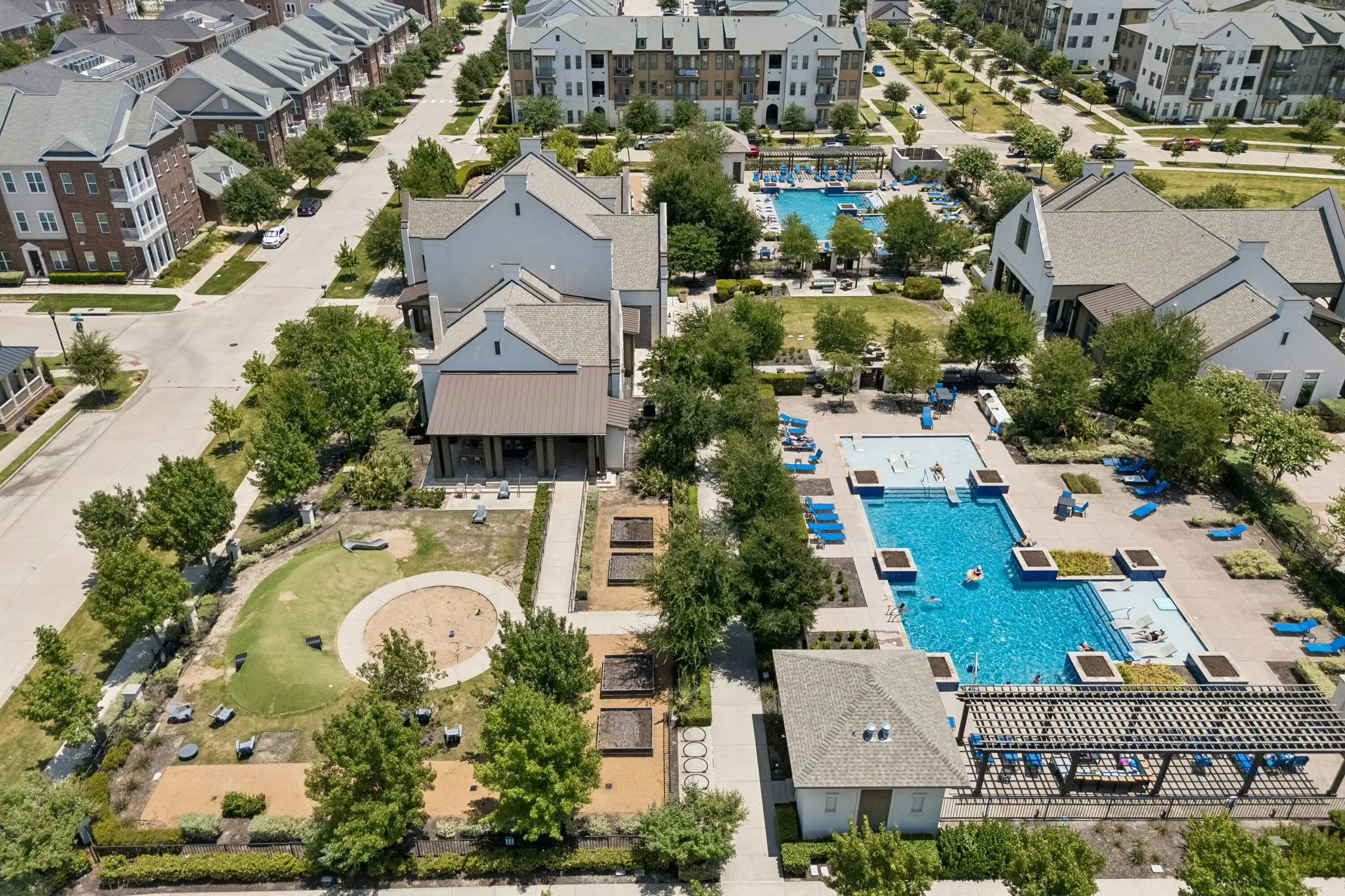 Founders Hall rec center is surrounded by two resort-style pools and cabanas, outdoor lounging areas, playground, fitness center, sport courts, game room, trails and waterways.