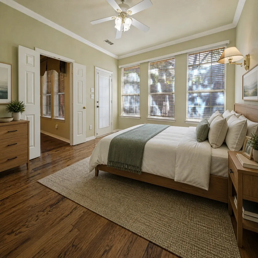 Virtually staged primary bedroom