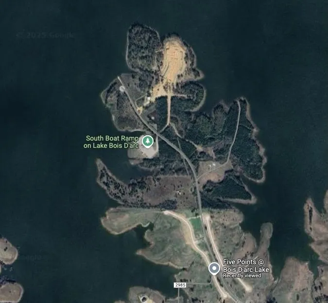  Aerial map view showing the Five Points entrance off FM 2985 relative to the Bois d'Arc Lake South boat ramp, with the surrounding tree cover and shoreline visible.