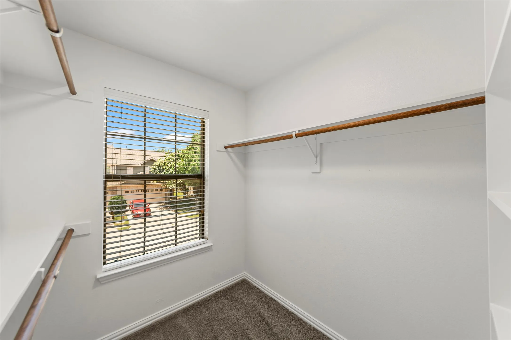 Walk-in closet featuring a window with blinds, white walls, wood-finish hanging rods, and carpeting