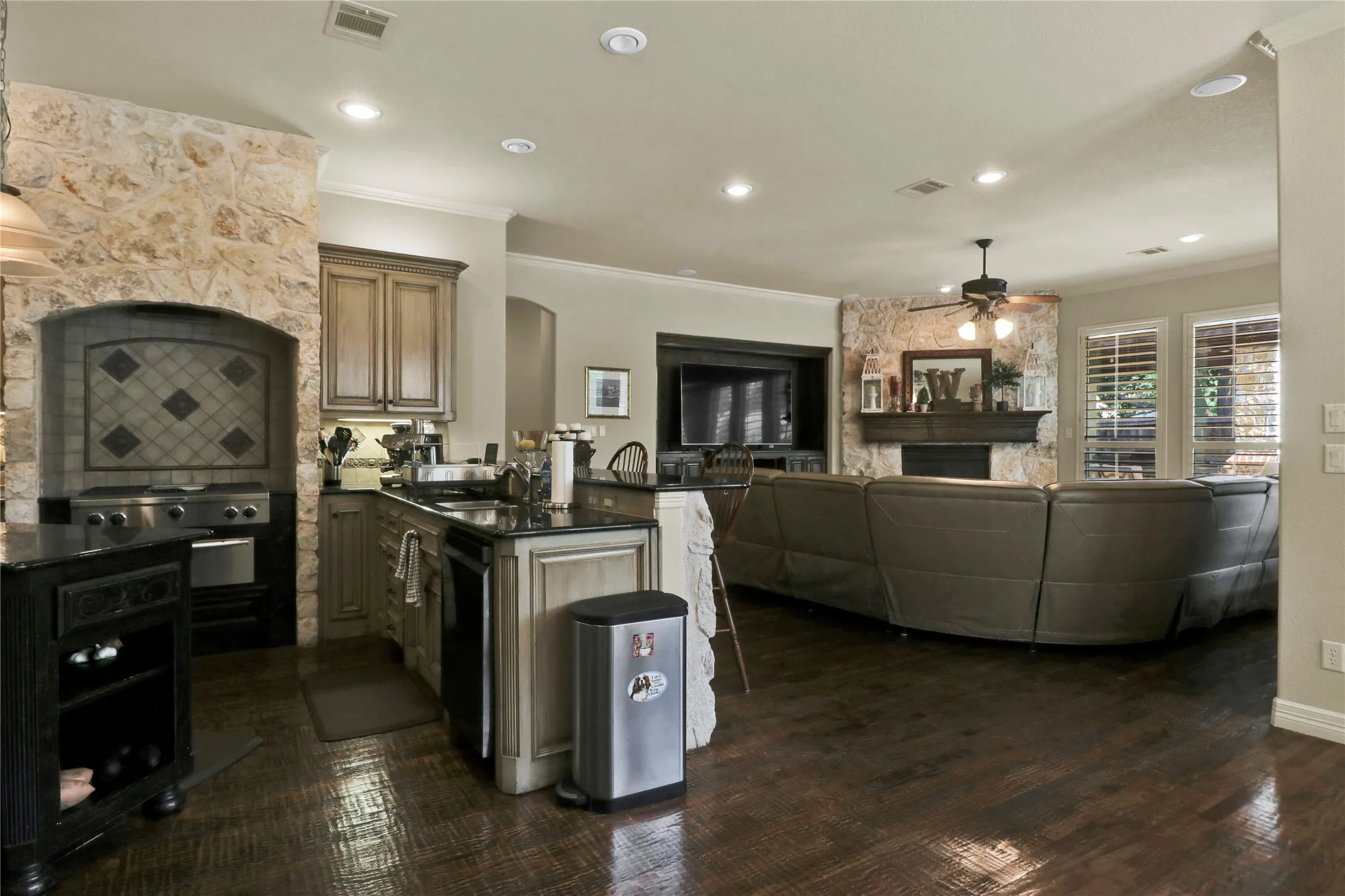 Kitchen overlooking living room.