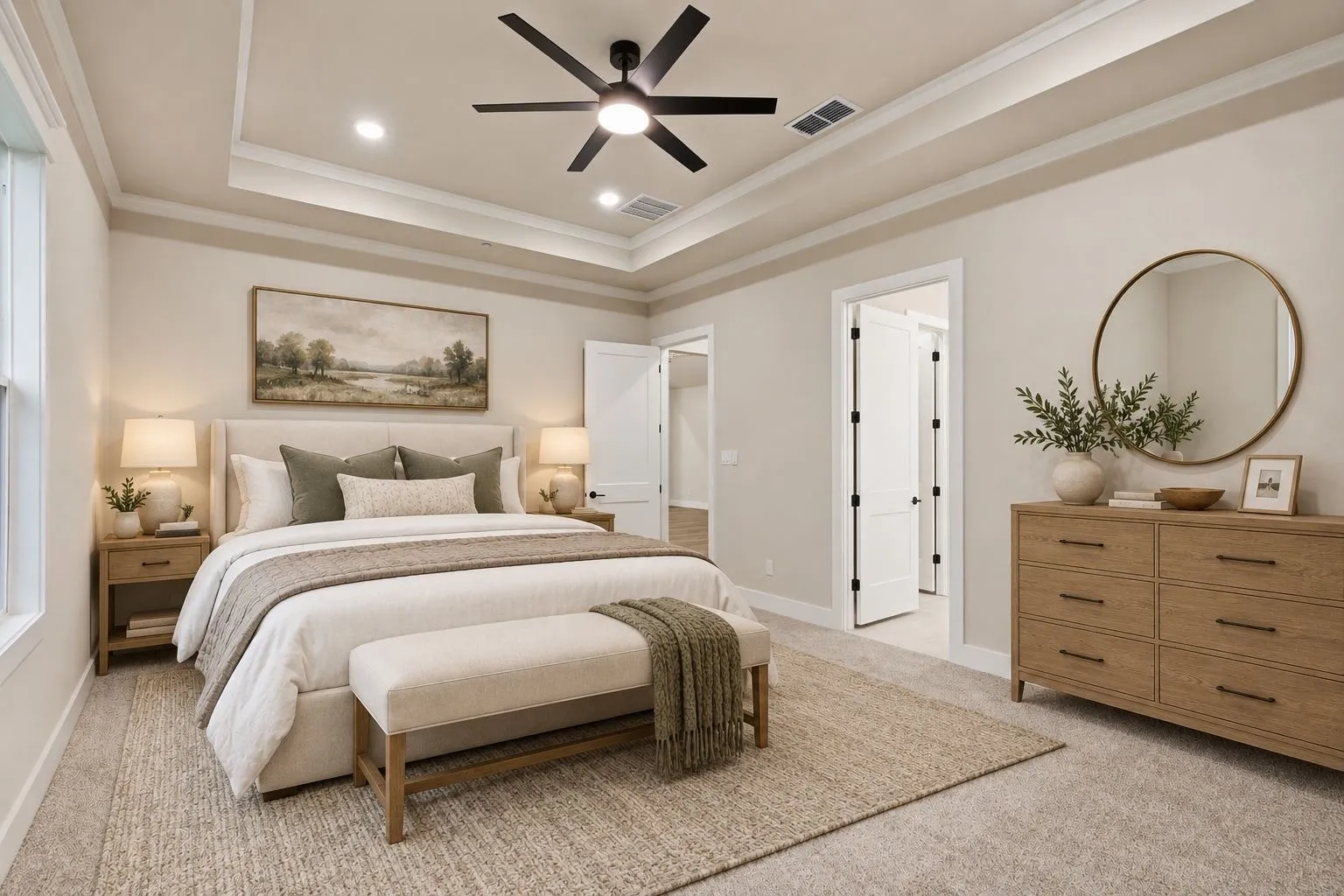 Tray ceiling with recessed lighting and a ceiling fan, light-toned carpeting, and white interior doors with dark hardware