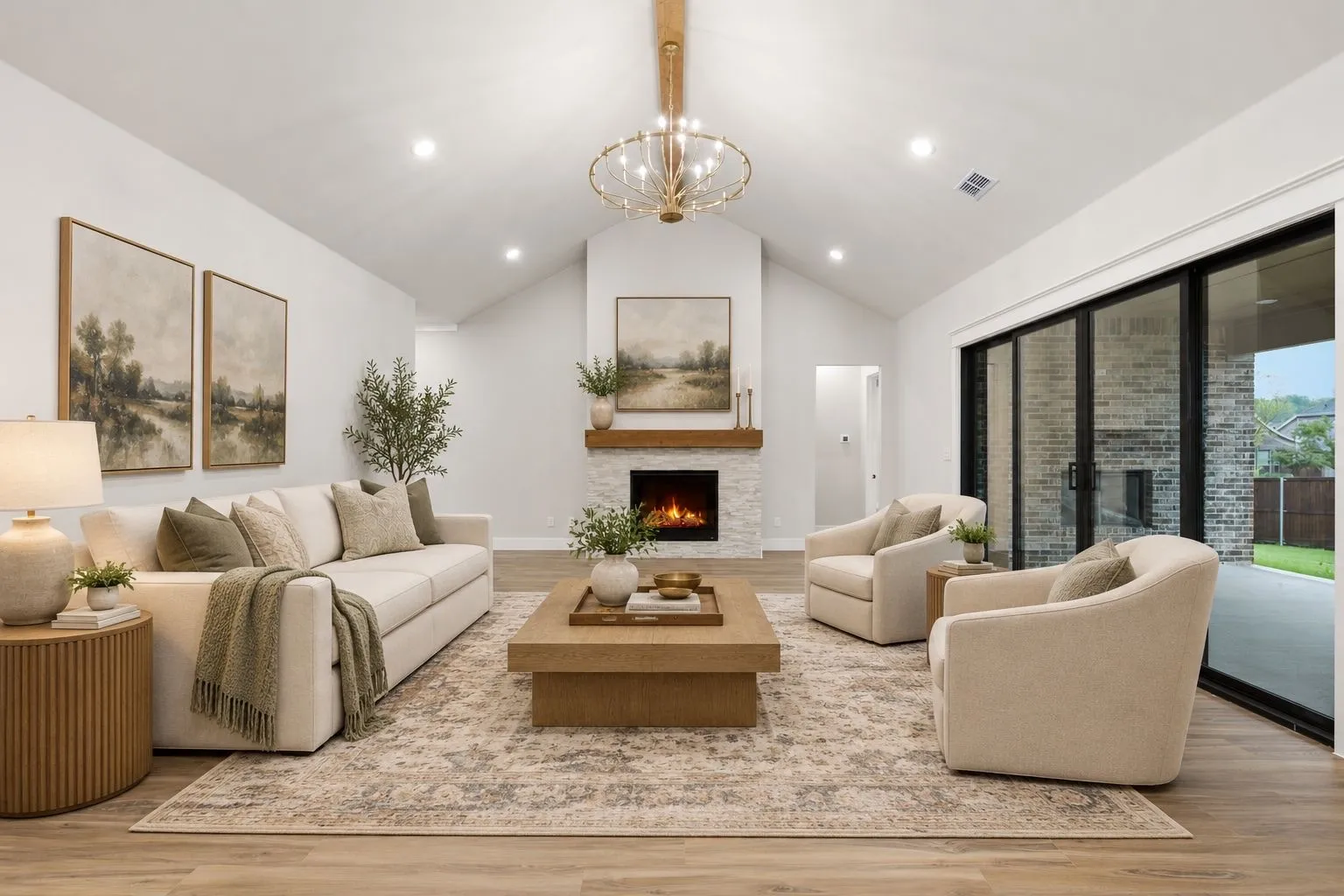 Vaulted ceiling with an elegant chandelier, a stone-clad fireplace with a wood mantel, expansive sliding glass doors, and recessed lighting
