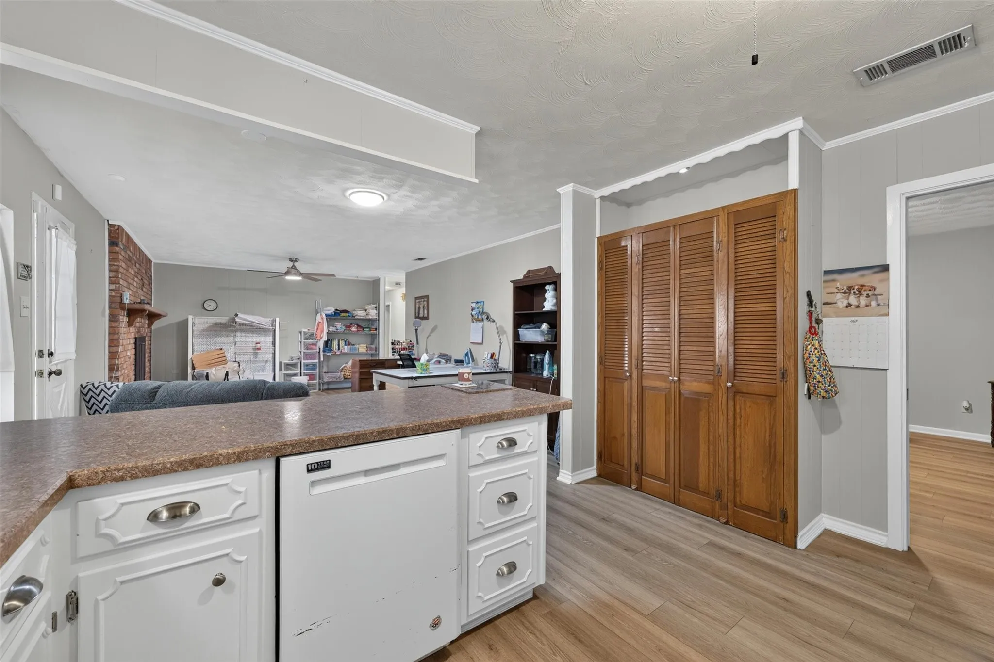 Kitchen featuring white cabinetry with brushed nickel hardware, a built-in dishwasher, and a laminate countertop