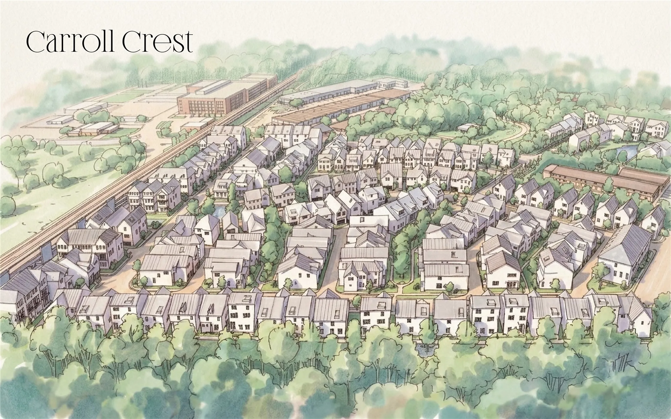 Expansive development featuring a variety of residential structures with pitched roofs and multiple stories