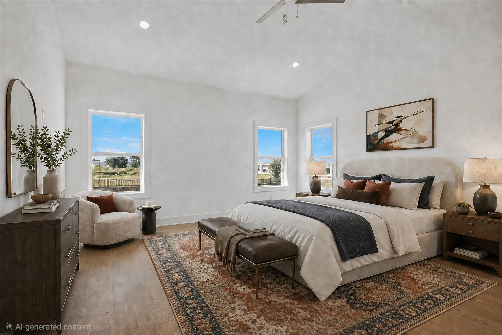 Spacious primary bedroom with abundant natural light from multiple large windows, wood-finish flooring, and a decorative area rug