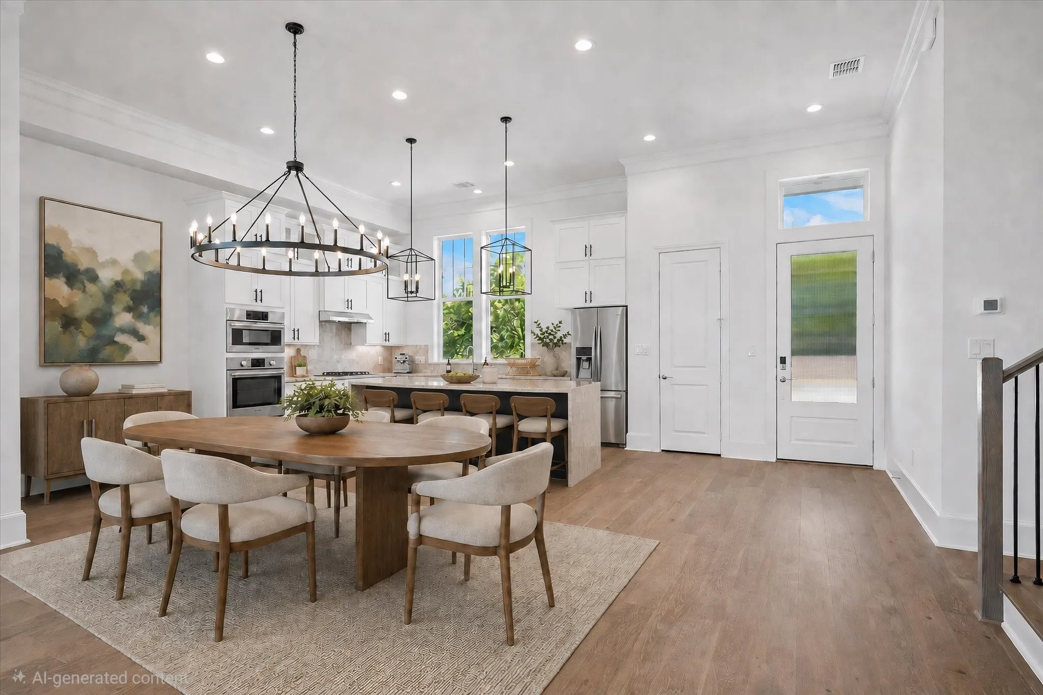 Open-concept dining and kitchen area featuring a wood-finish dining table, recessed ceiling lighting, stainless steel appliances, white cabinetry with hardware accents, wood-finish flooring, and a decorative chandelier-style pendant light fixture overhead