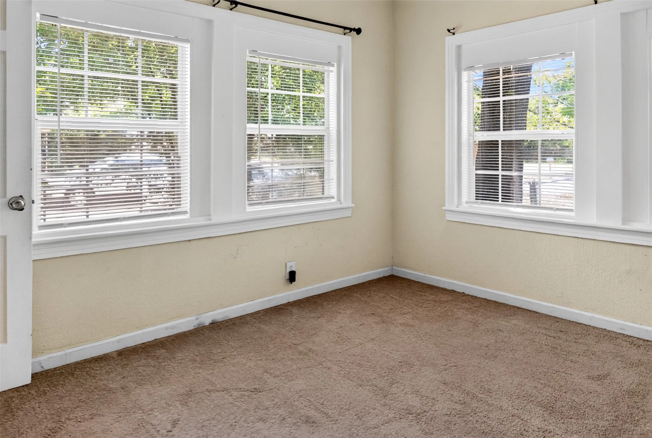 Bedroom featuring two large windows, textured walls, and carpet flooring