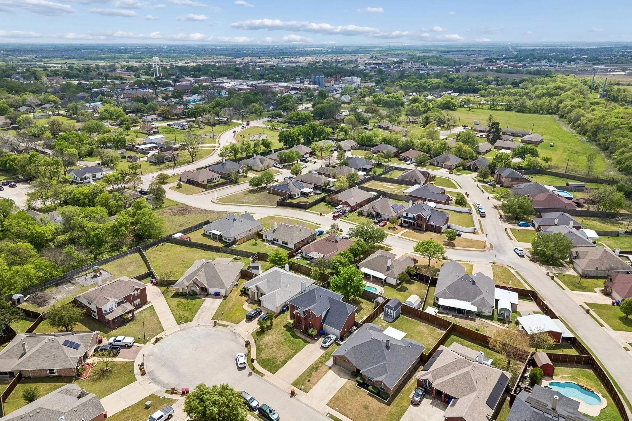 Aerial view showing cul de sac location and neighborhood setting.