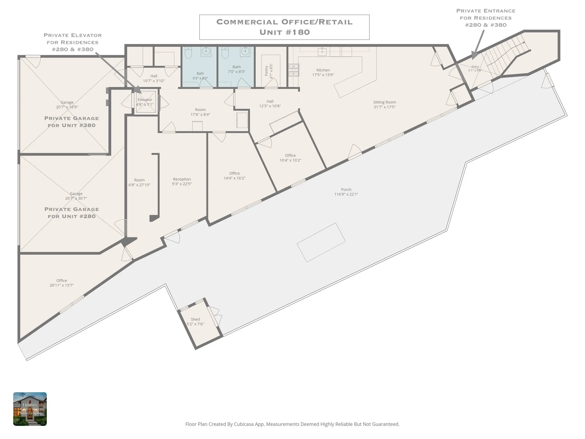 Private garages & elevator for residences for #280 & #380, only. First Floor, 2,071 SF Commercial Office/Retail also available for purchase.