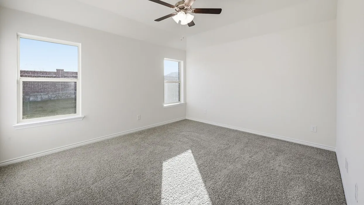 Spacious room featuring neutral carpet flooring, white walls, two windows, and a ceiling fan with integrated lighting