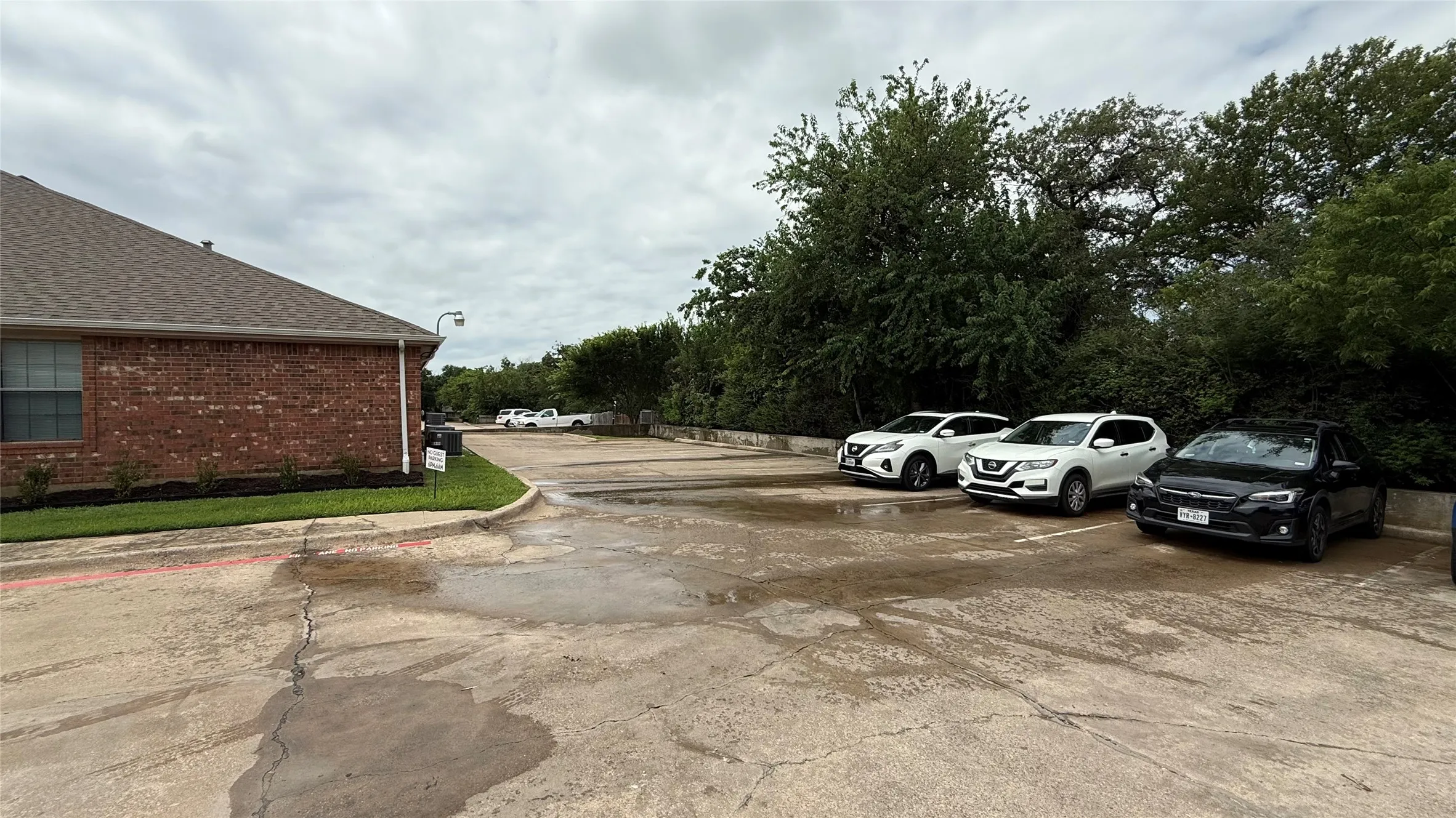 Paved parking area with ample space bordered by mature trees