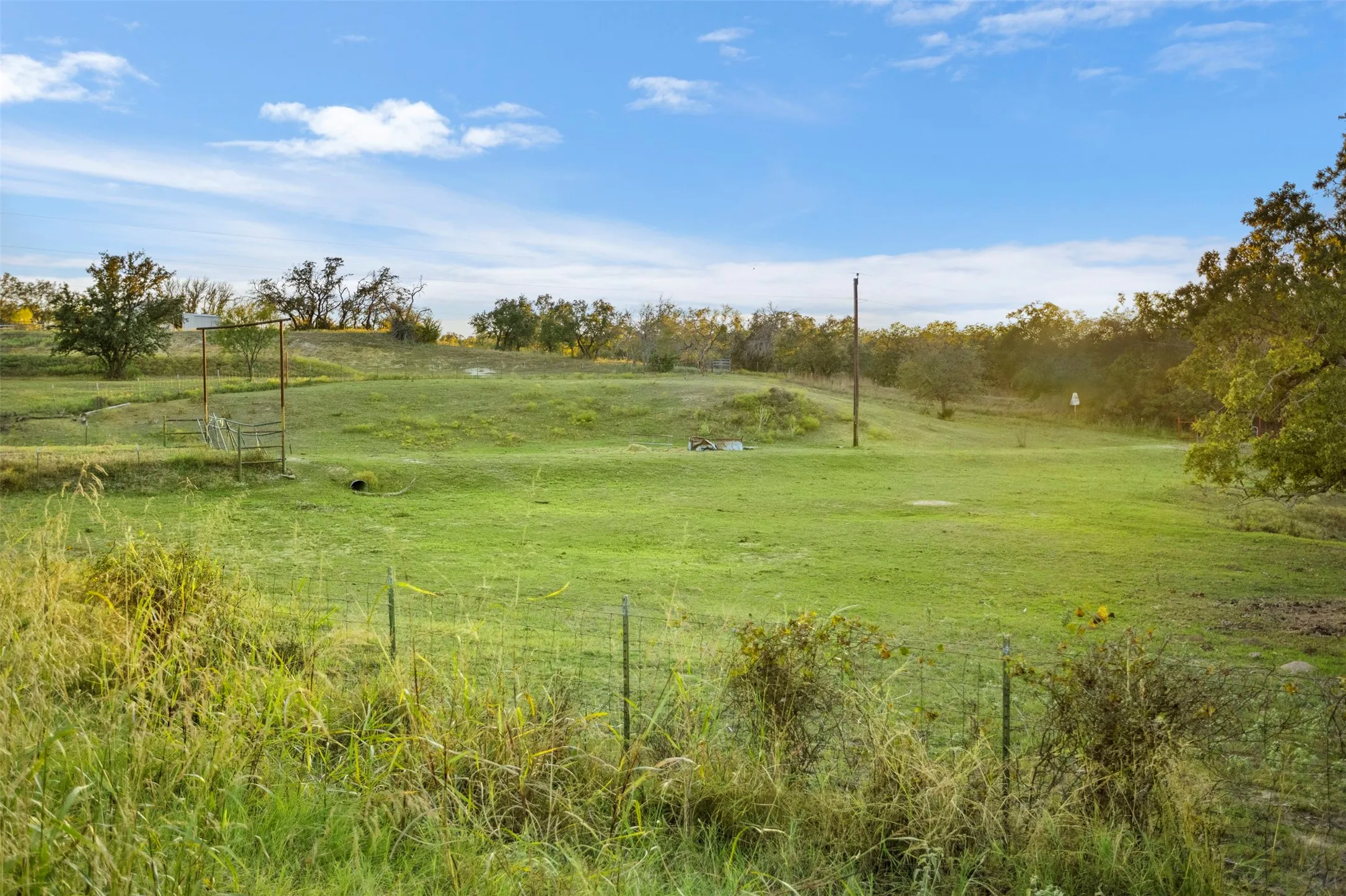 Expansive green field featuring varied terrain, mature trees outlining the perimeter, and a partial wire fence