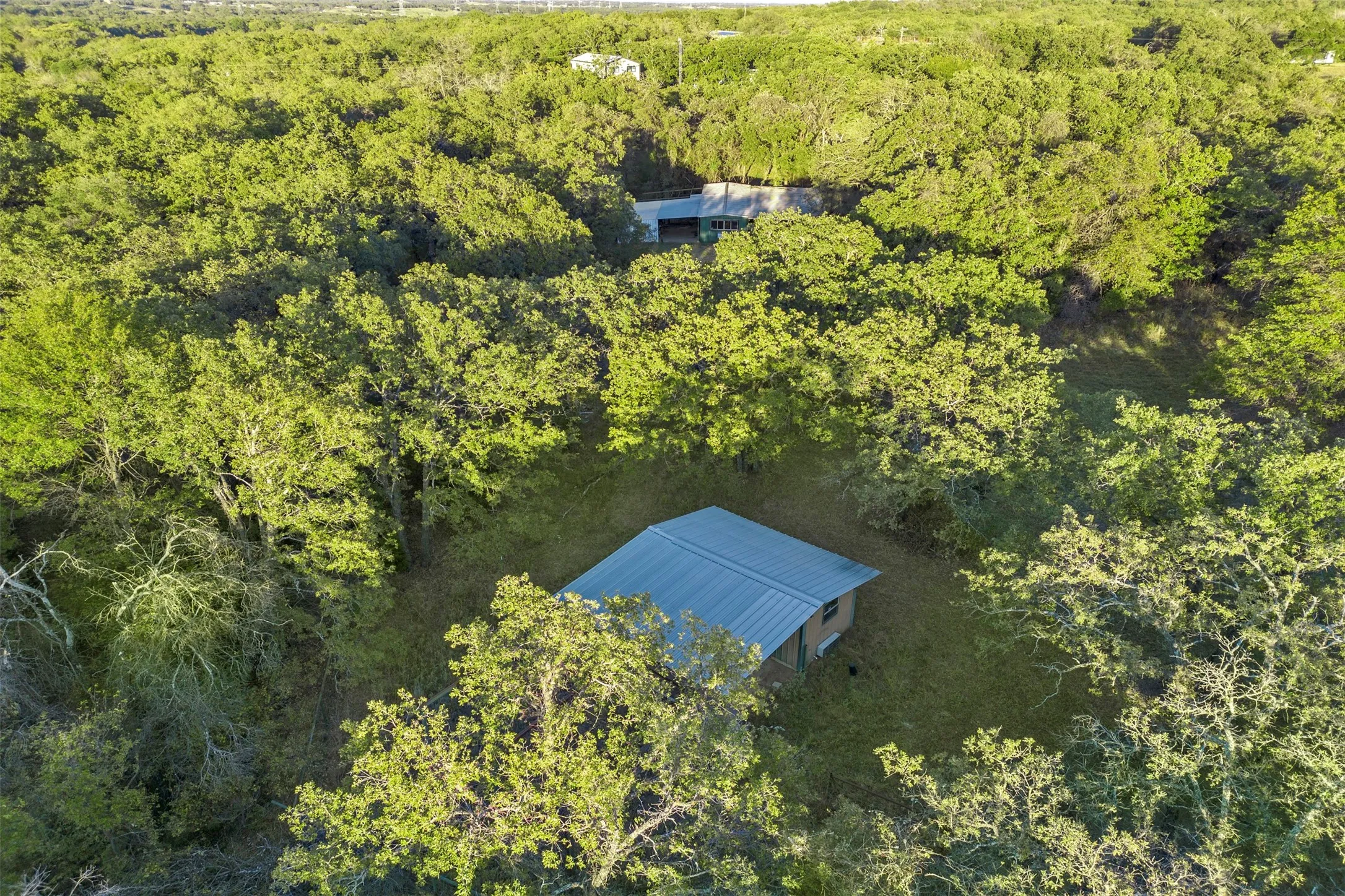 Aerial perspective showcasing a verdant landscape with extensive tree coverage and two structures featuring metal roofs